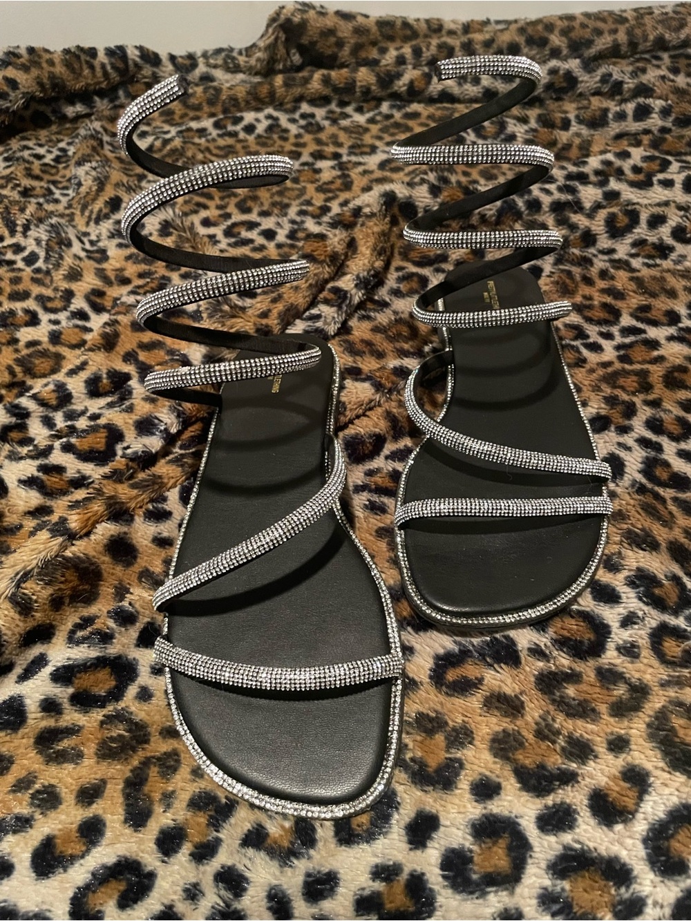 PrettyLittleThing Black Spiral Rhinestone Wrap Sandals